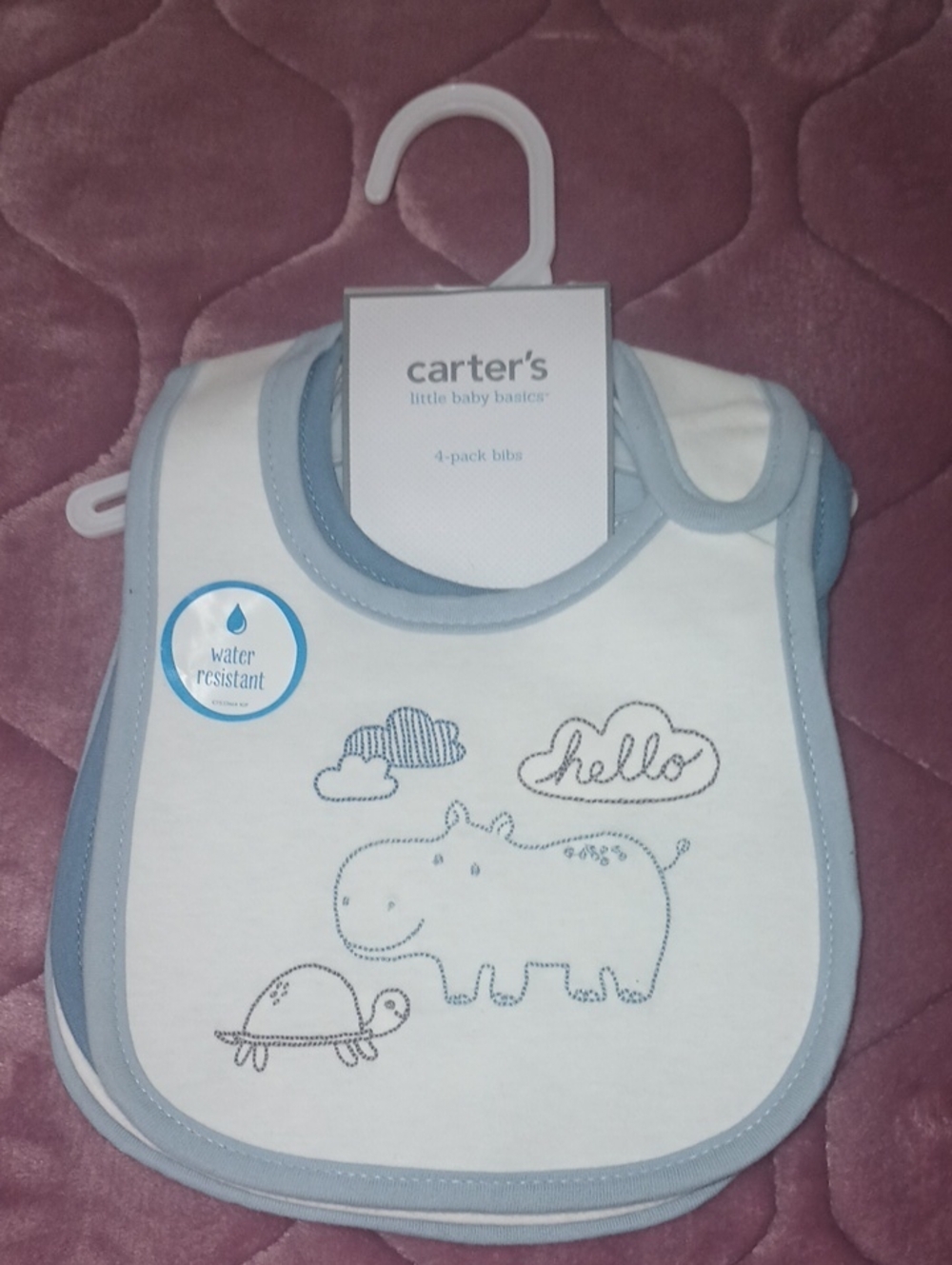 Carter's White Bibs with Light Blue Trim and Hippo/Turtle Design (4-Pack)